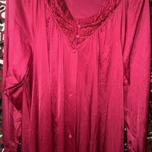 Vtg Shadowline Nightgown Long Med Cranberry Lace L Sleeve button front granny co